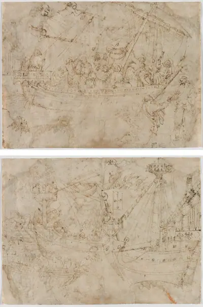 Navicella (recto); Two Drawings of Ships (verso)