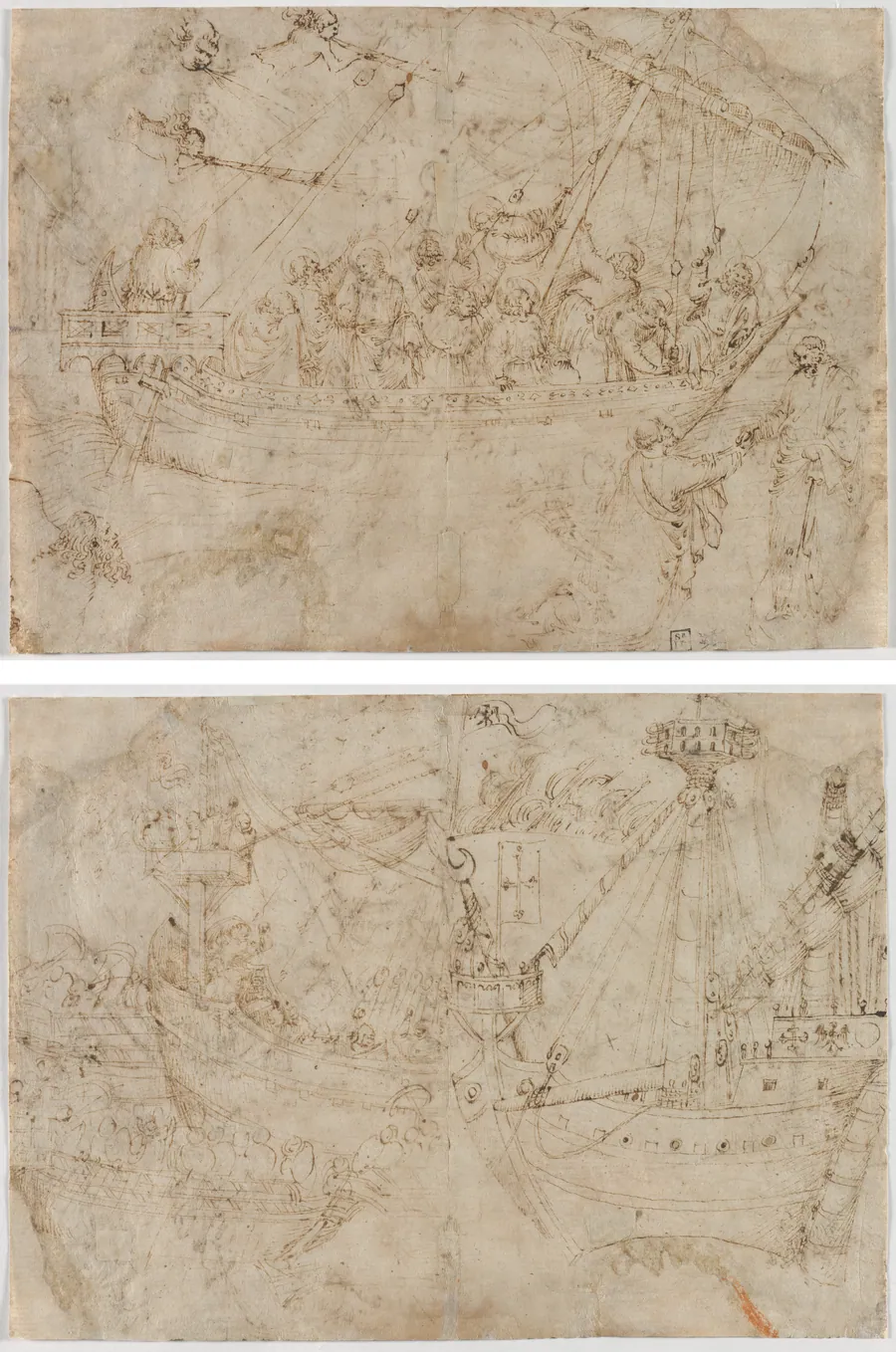 Navicella (recto); Two Drawings of Ships (verso) by Parri Spinelli