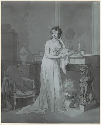 Woman in Front of a Fireplace