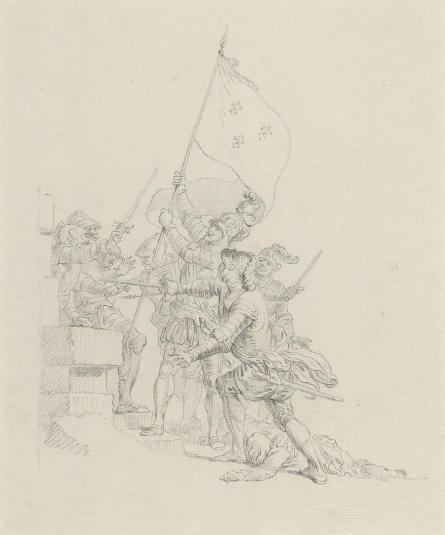 Il monte: il a déjà de ses mains triomphantes... by Hubert François Gravelot