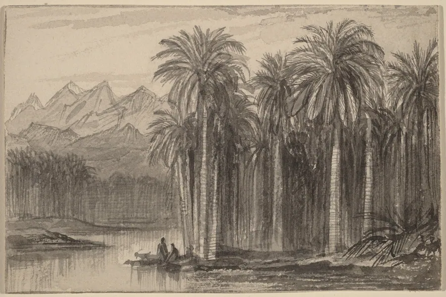 Figures Setting Out in Canoes from a Palm Grove (Wady Feiran) by Edward Lear