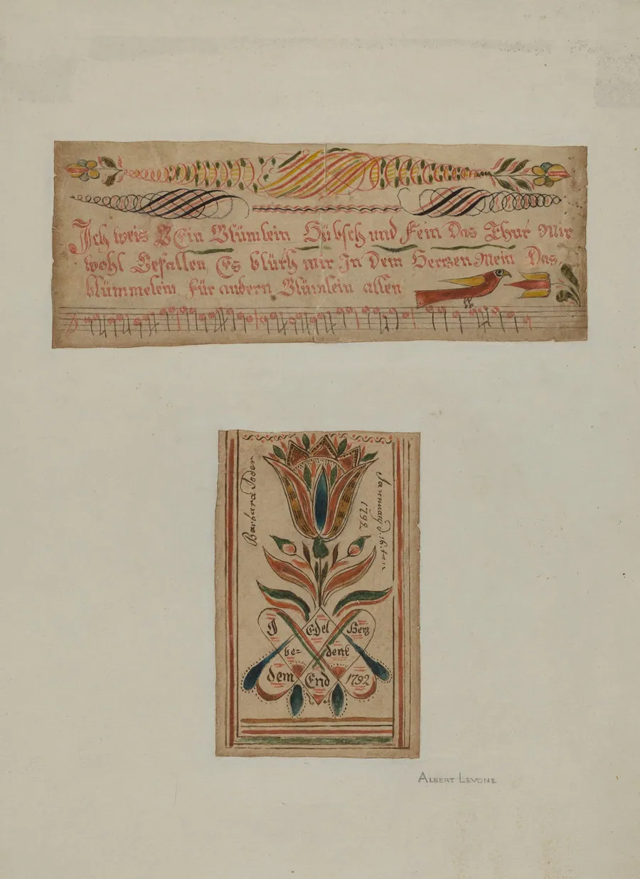 Fractur Paintings (Upper-a Hymn; Lower- Religious Motto) by Albert Levone