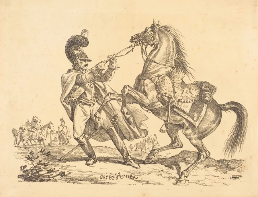 Cuirassier retenant son cheval qui se cabre by Carle Vernet