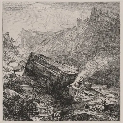 Boulder with a Shepherd and Goats