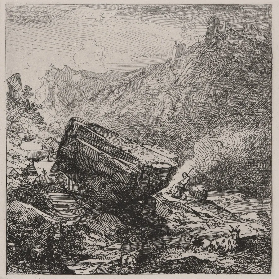 Boulder with a Shepherd and Goats by Caspar Johann Nepomuk Scheuren