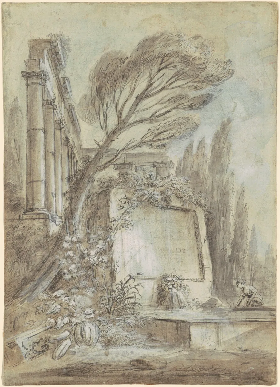 Architectural Fantasy of Roman Ruins with an Inscription Plaque by Jean-Baptiste Lallemand