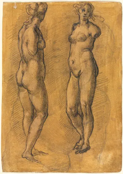 Copy of an Antique Statue of a Standing Woman (two views), over a Sketch of a Putto