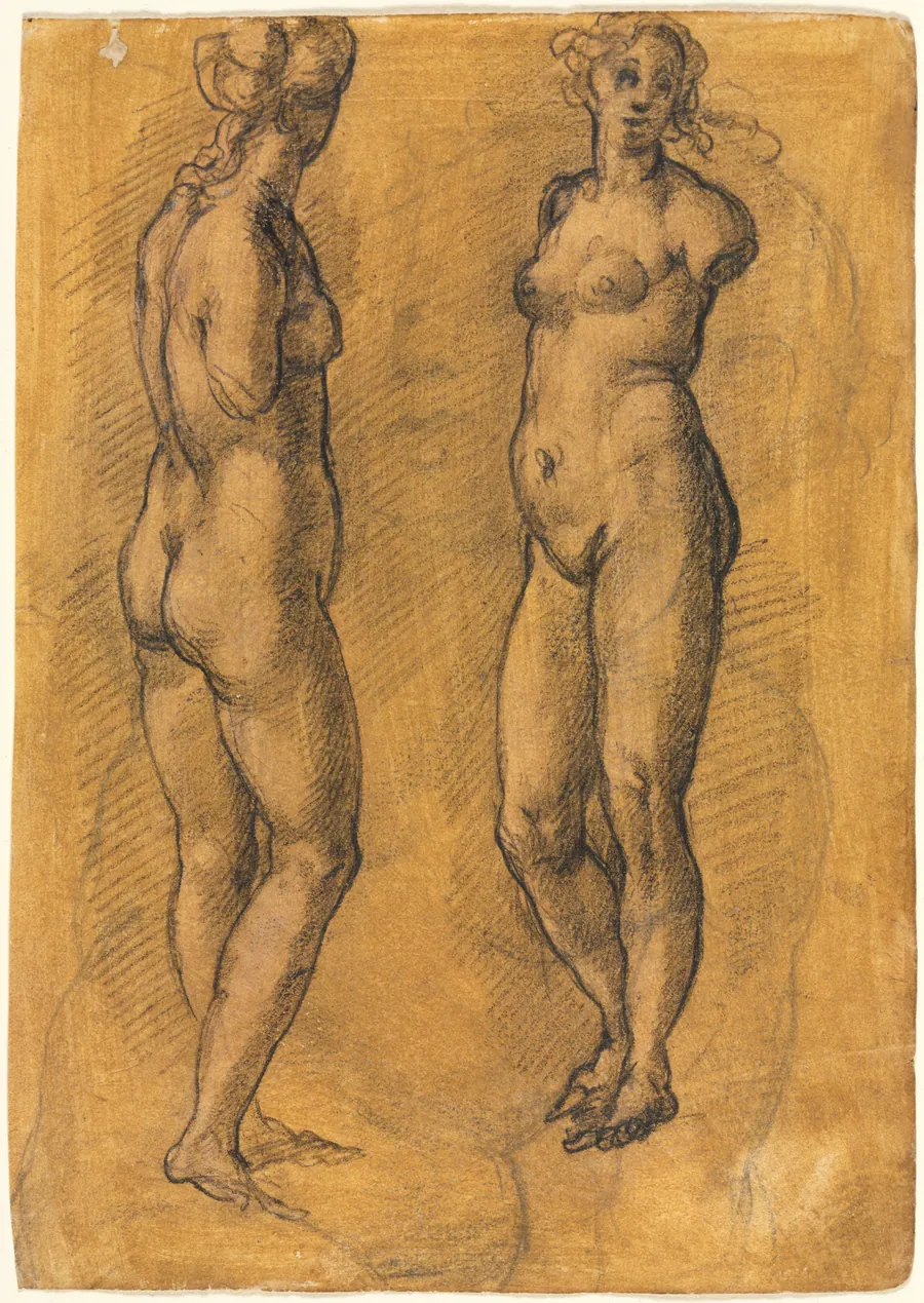 Copy of an Antique Statue of a Standing Woman (two views), over a Sketch of a Putto by Jacopo Chimenti