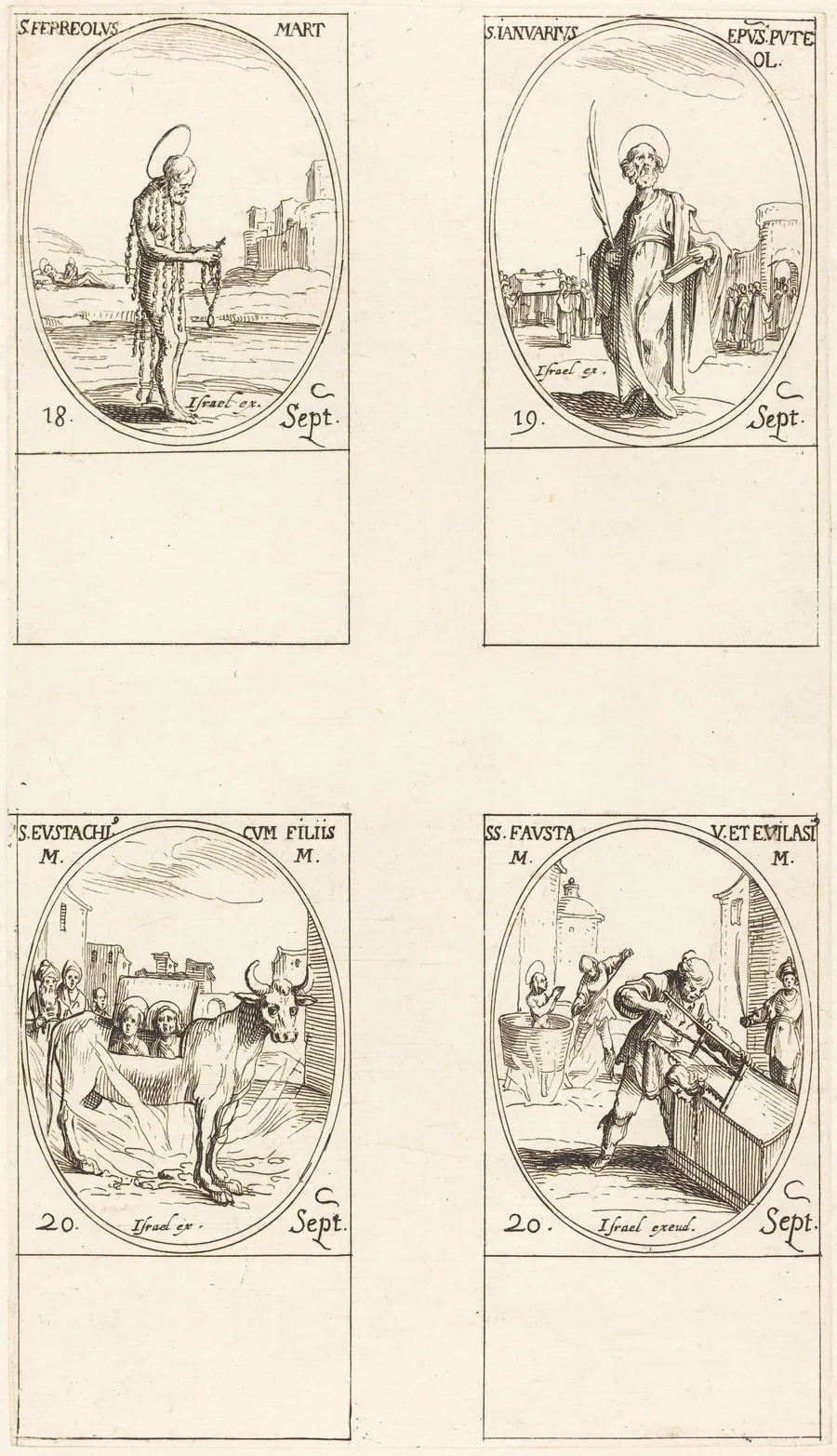 St. Ferreolus; St. Januarius; St. Eustachius & his Children; Sts. Fausta & Evelasius by Jacques Callot