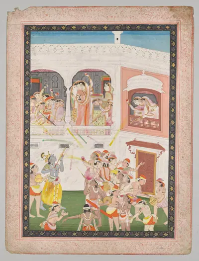 Radha and Hindu God Krishna celebrating the festival Holi