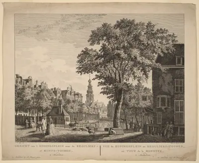 Gezicht van't Koningsplein naar de Reguliers of Munts-Tooren, Te Amsterdam