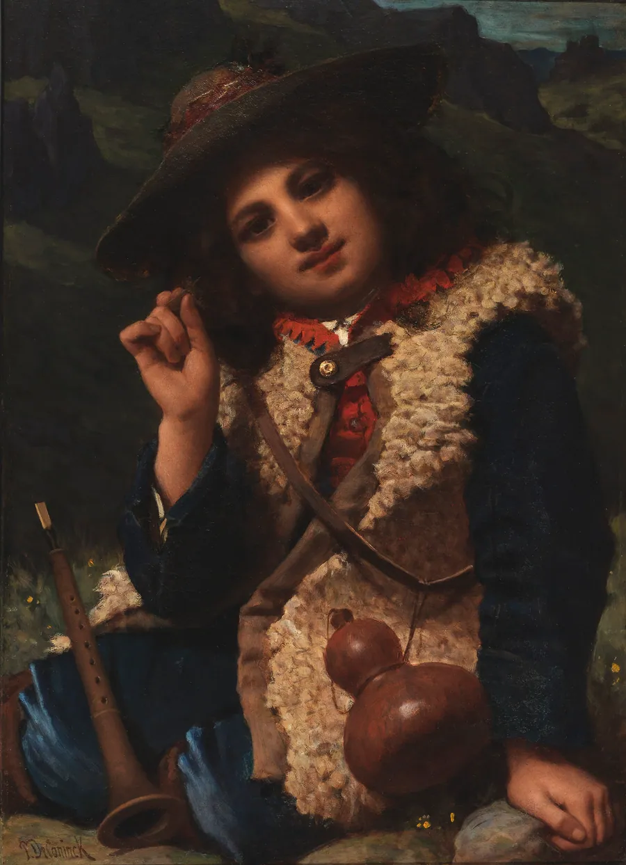 Italian Boy in Sheepskin Jacket by Pierre-Louis-Joseph de Coninck, French, born Meteren, France 1828-died Meteren, France 1910