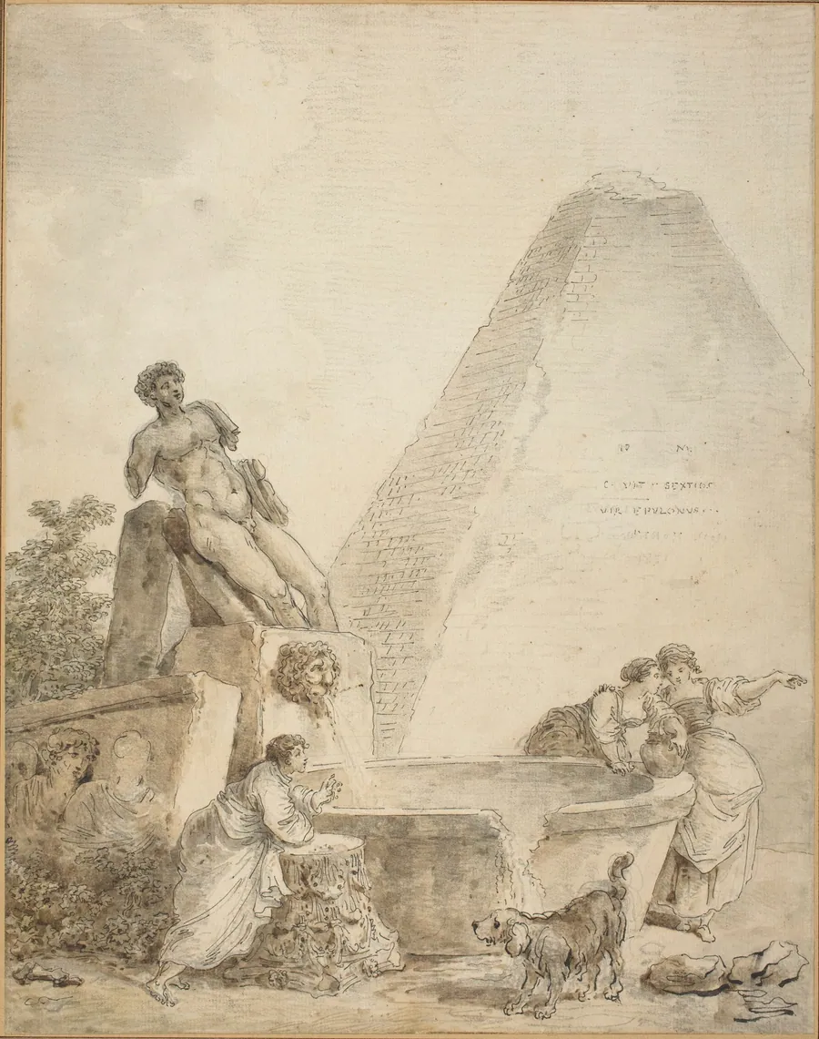 A Roman Capriccio with the Pyramid of Gaius Cestius by Hubert Robert