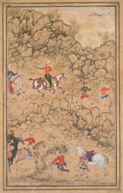 Hunting with falcons in a landscape (recto)