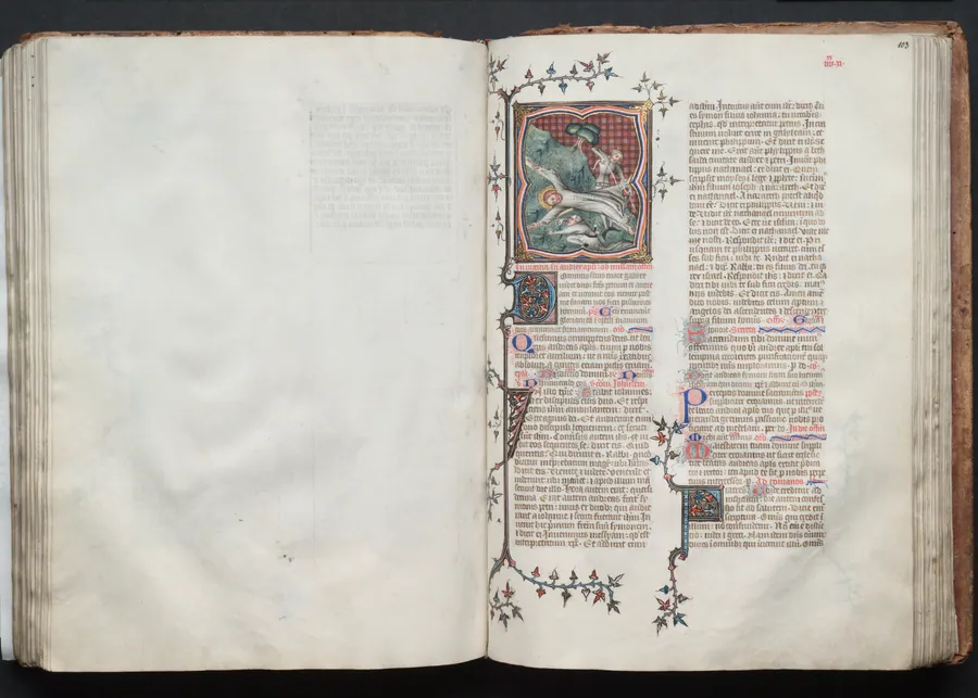 The Gotha Missal:  Fol. 103r, St. Andrew Being Tied to the Cross by Master of the Boqueteaux