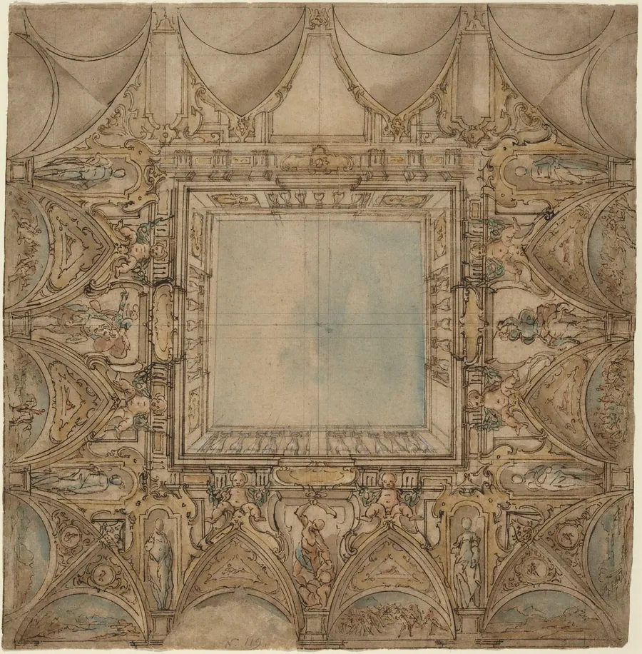 A Ceiling Decoration with Landscapes and Battles by Lazzaro Tavarone