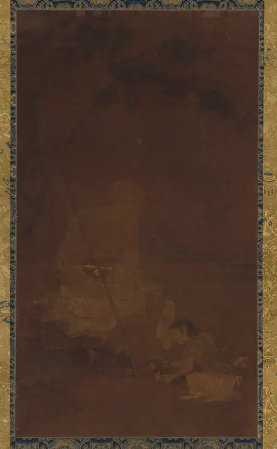 Lohan seated; an attendant kneeling before him