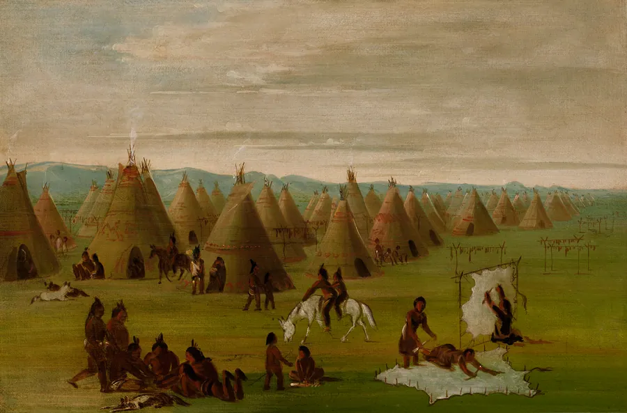 Comanche Village, Women Dressing Robes and Drying Meat by George Catlin, born Wilkes-Barre, PA 1796-died Jersey City, NJ 1872