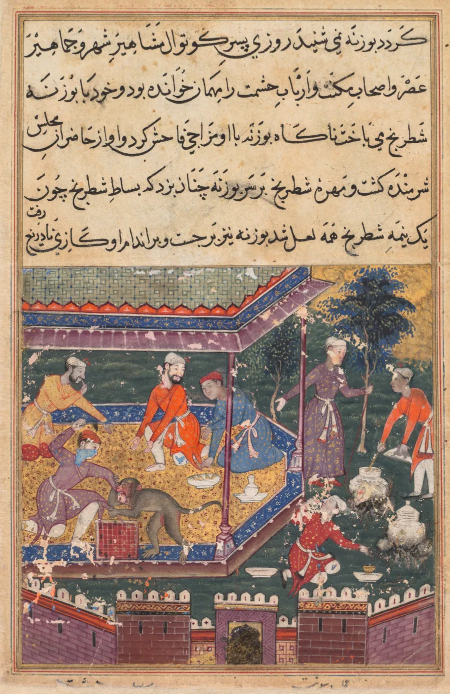 The wounded monkey bites the hand of the prince, his chessmate, in the presence of guests, from a Tuti-nama (Tales of a Parrot): Fifth Night by Dasavanta
