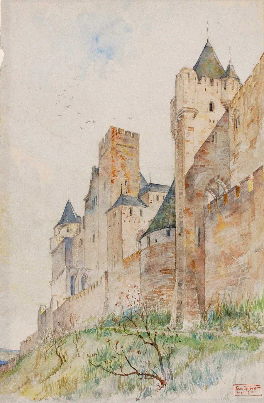 Battlements of Carcassonne, France by Cass Gilbert, born Zanesville, OH 1858-died Brockenhurst, England 1934