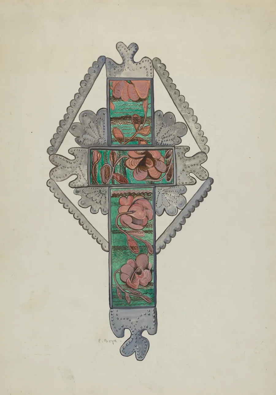 Tin and Painted Glass Cross, Church or Home Use by E. Boyd