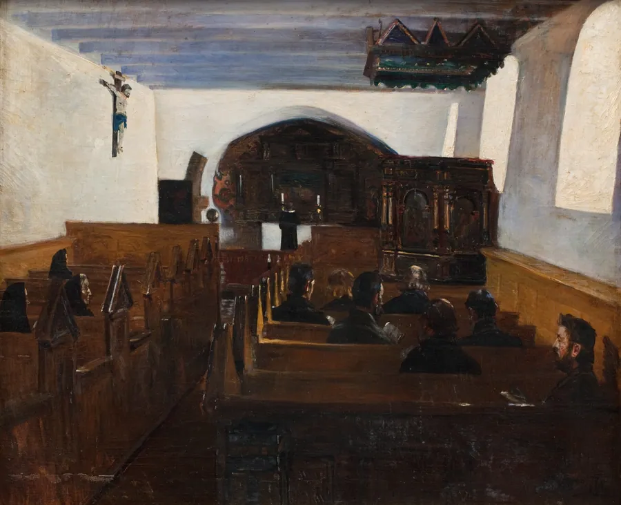 Gudstjeneste i en kirke på Mors by Fridolin Johansen