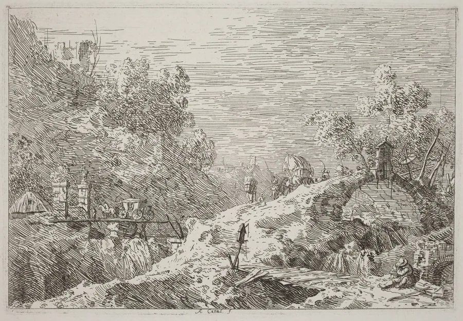 Mountain Landscape with Five Bridges [lower right] by Canaletto