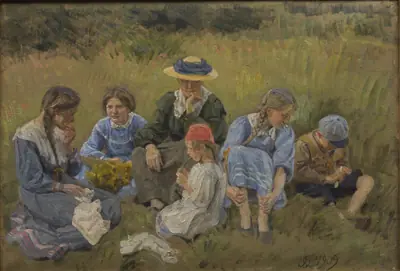 Hvile i engen. Kunstnerens hustru og børn