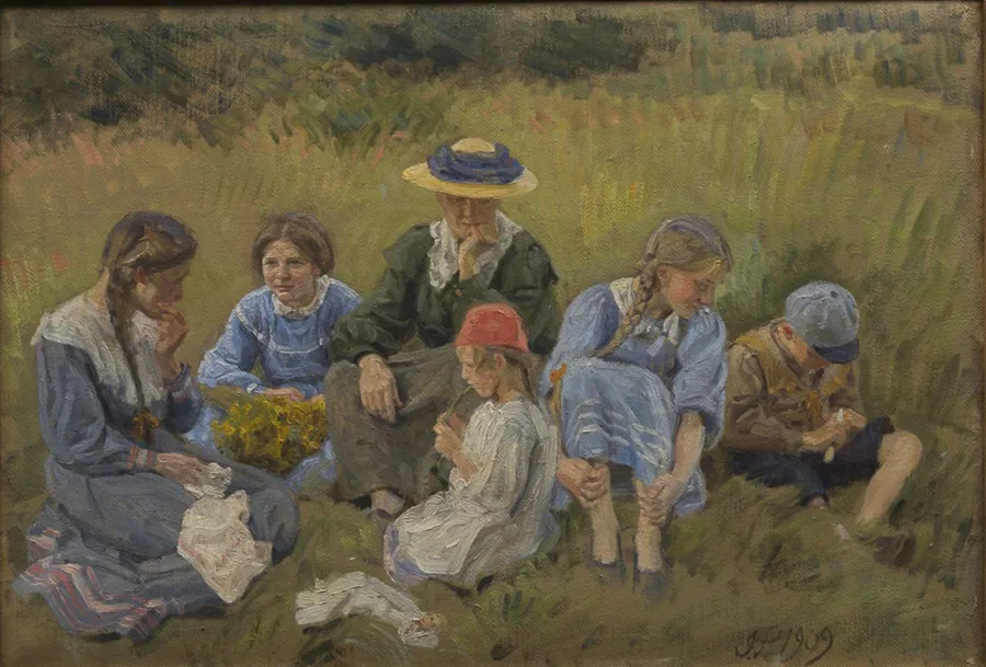 Hvile i engen. Kunstnerens hustru og børn by Joakim Skovgaard