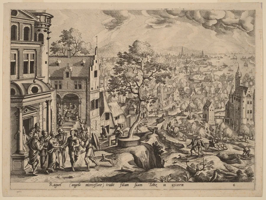 Tobias and the Angel Arriving at Raguel's House by Johannes van Doetechum the Elder