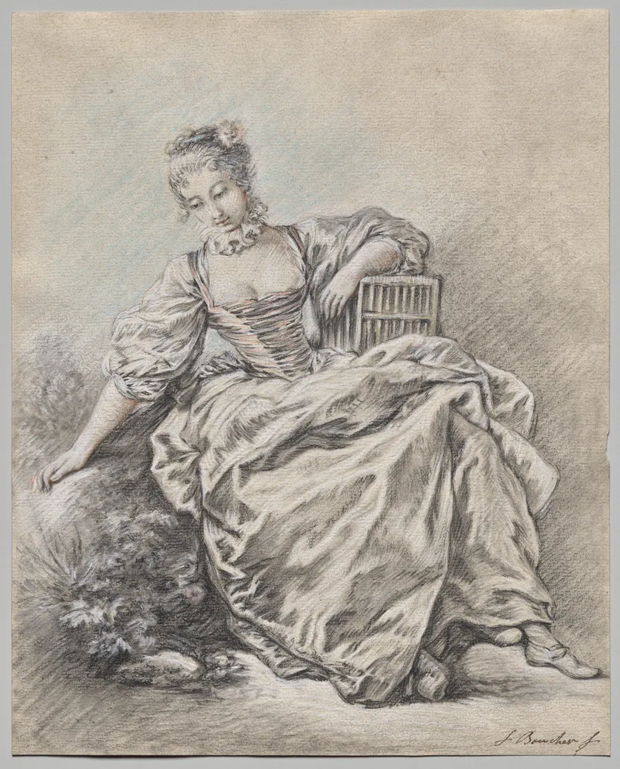 Seated Woman Holding a Bird Cage by François Boucher