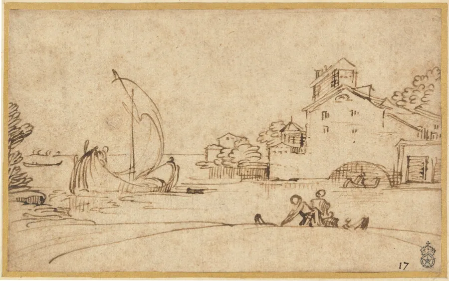 Landscape with Figures by an Estuary with Sailing Boats by Annibale Carracci