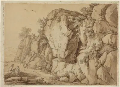 A Young Couple Seated near a Massive Rock Formation