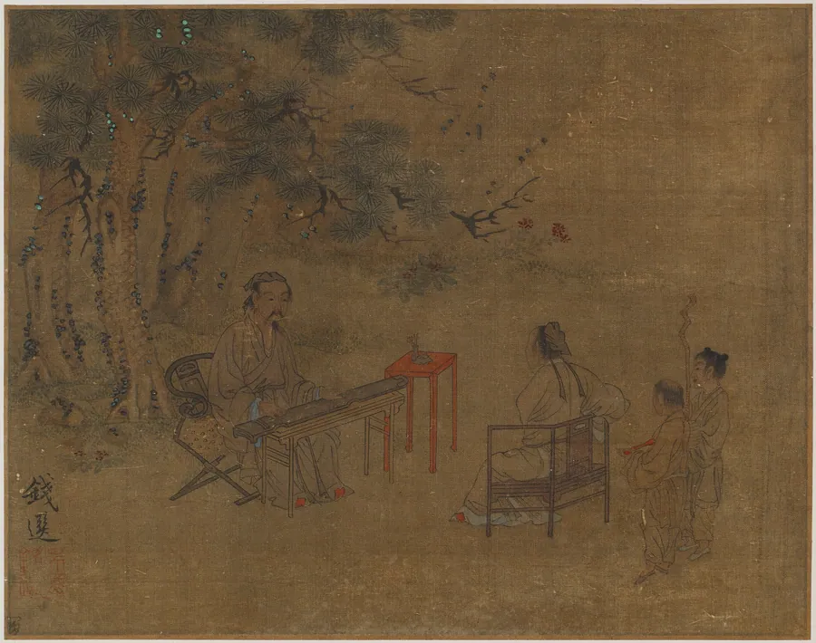 Playing the zither under pine trees by Formerly attributed to Qian Xuan 錢選 (late 13th century)