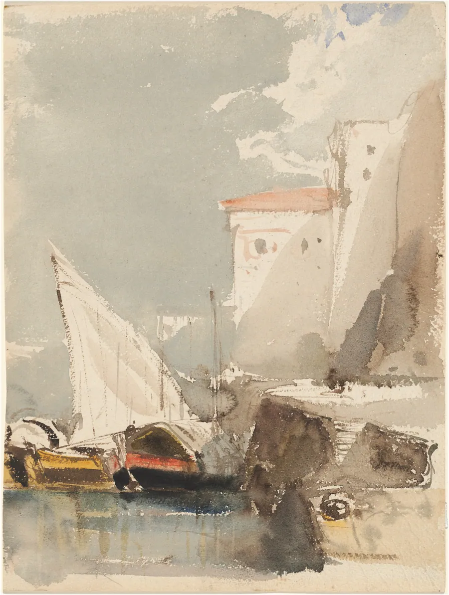 Sailboats in a Sunlit Harbor  (recto) by Eugène Isabey