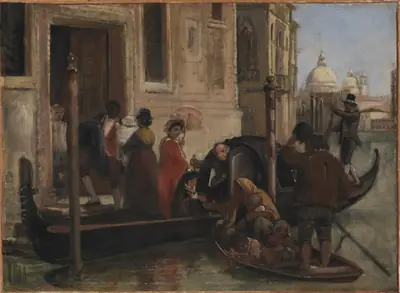 Landstigning ved et palads ved Canal Grande, i baggrunden kirken S. Maria delle Salute