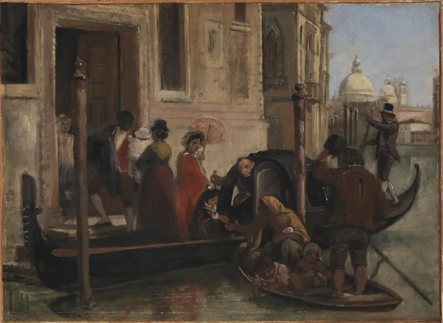 Landstigning ved et palads ved Canal Grande, i baggrunden kirken S. Maria delle Salute by Wilhelm Marstrand