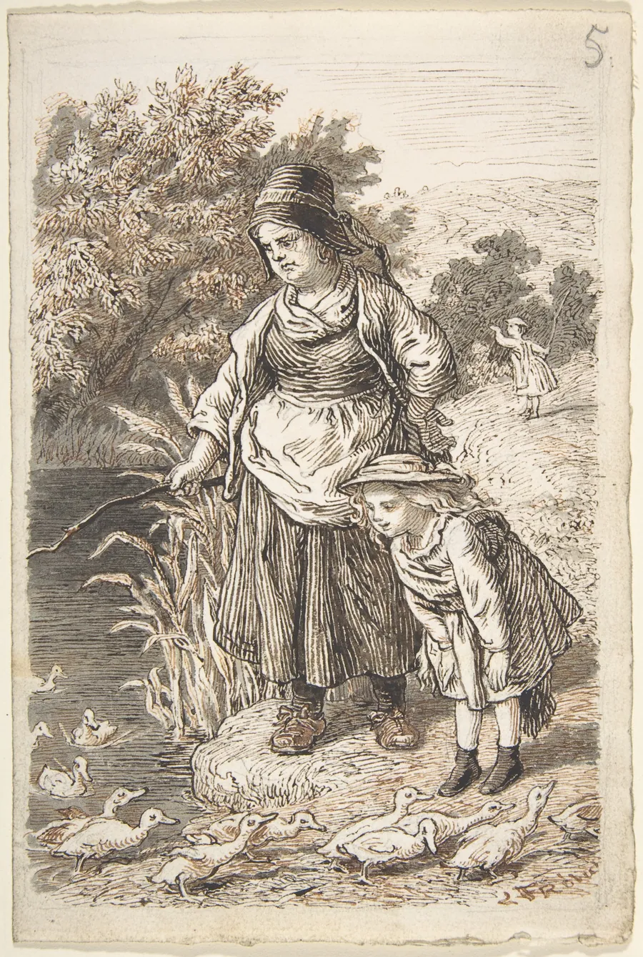 Woman and Child by a Duck Pond by Lorenz Frølich