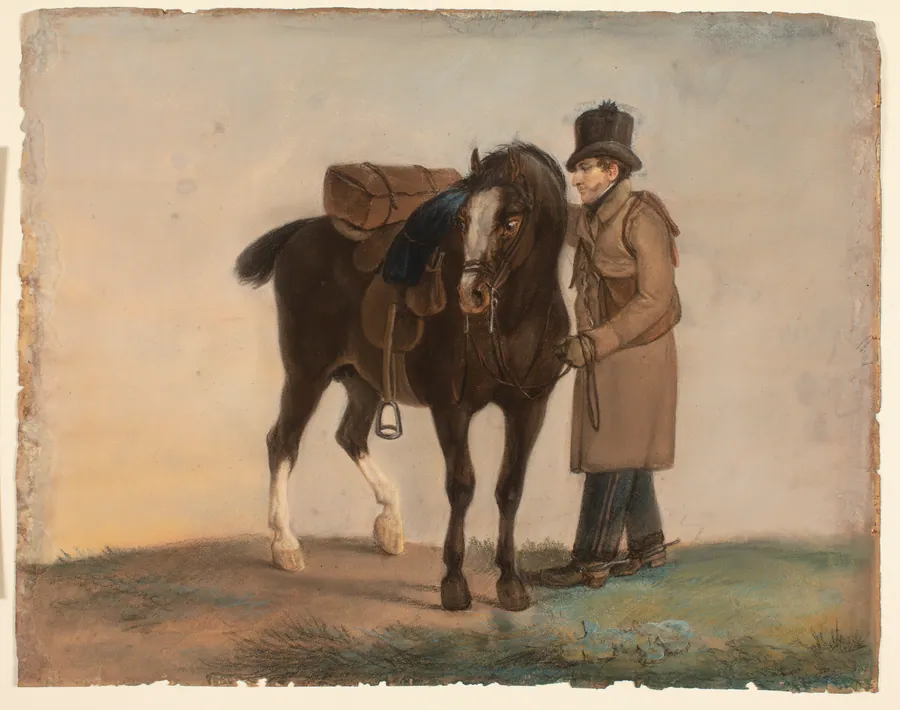 Opsadlet hest med rytter by Ubekendt