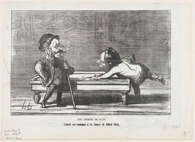 A rainy day: The guest is condemned to six hours of billiards, from 'The joys of country life,' published in Le Charivari, October 4, 1865