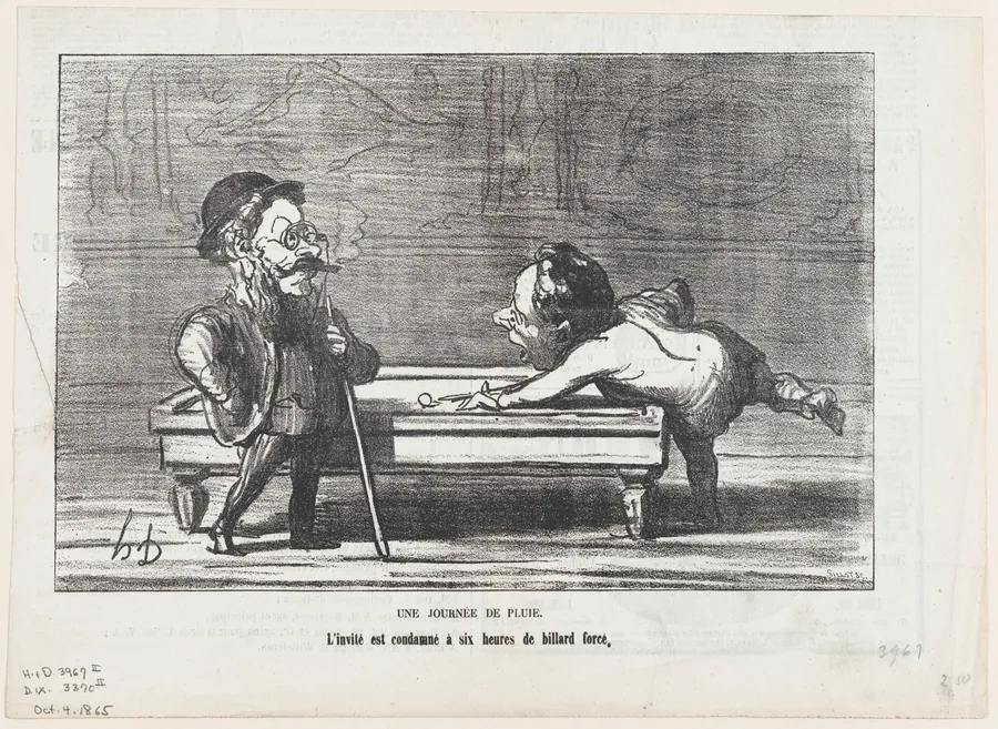 A rainy day: The guest is condemned to six hours of billiards, from 'The joys of country life,' published in Le Charivari, October 4, 1865 by Honoré Daumier