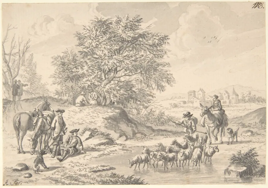 Landscape with Resting Cavaliers and a Shepherd with his Flock by Nicolaas Aartman