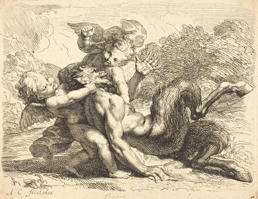 Pan Overcome by Putti by Antoine Coypel