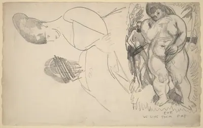 Caricature of Adam and Eve and Two Female Portrait Sketches