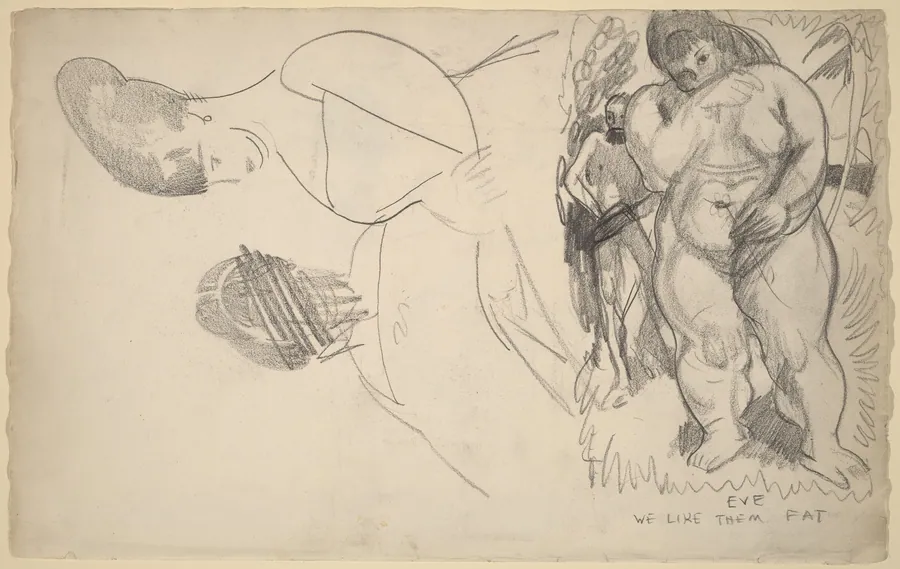 Caricature of Adam and Eve and Two Female Portrait Sketches by George Bellows