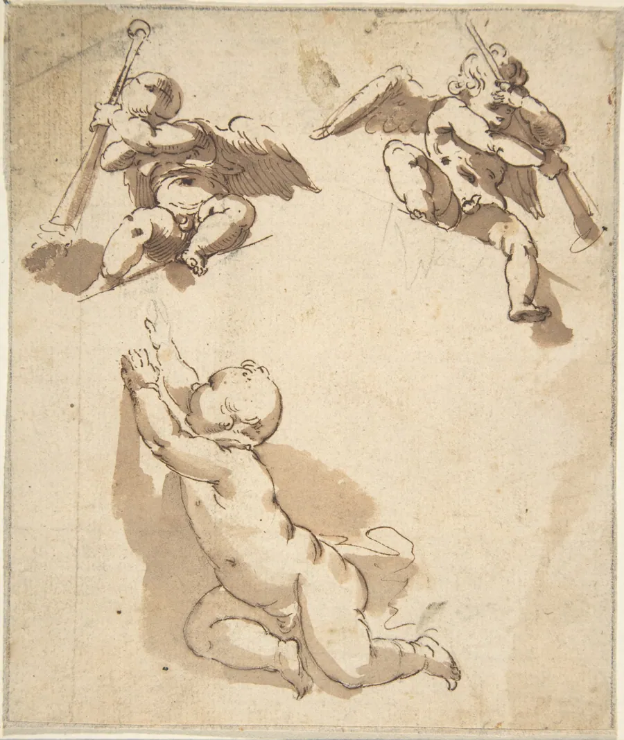Study of a Child and Two Angels Holding Trumpets by Anonymous, Spanish, School of Seville, 17th century
