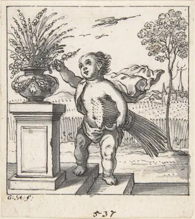 Design for an Emblem with a Child Picking Flowers