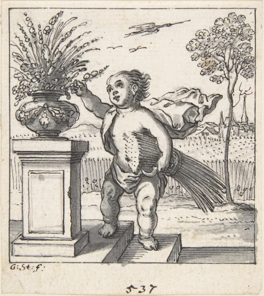 Design for an Emblem with a Child Picking Flowers by Anonymous, German, 17th century