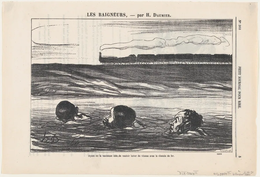 Having had the ambitious idea to outswim the train, from 'The bathers,' published in Le Petit Journal pour Rire, August 6, 1864 by Honoré Daumier