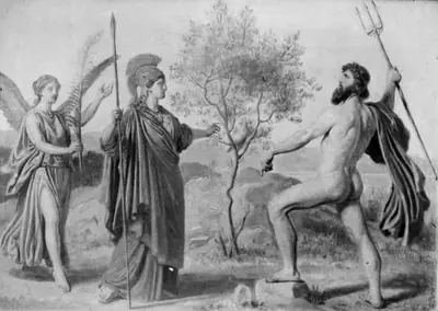 Athene, fulgt af sejsgudinden Nike, tvistes med Poseidon om besiddelsen af Attika